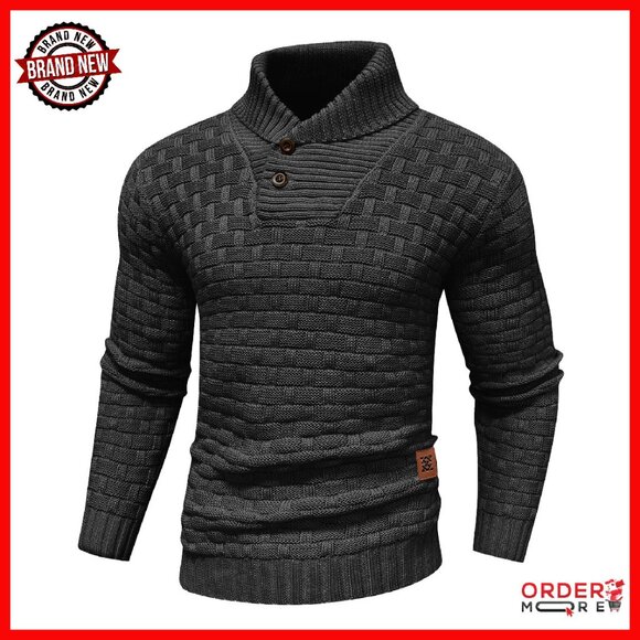 Men's Turtleneck Sweater Shawl Collar Cable Knit Pullover Regular Fit